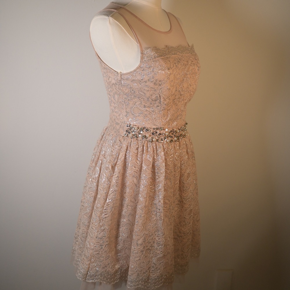 City Studio Womens Pink Silver Metallic Lace Illusion Neck Embellished Dress 3